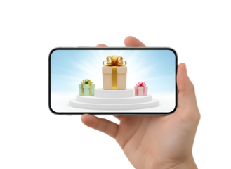 Hand Holding Smartphone Displaying 3D Gift Boxes on Podium. Digital Reward Concept. on white background Isolated on Transparent Background