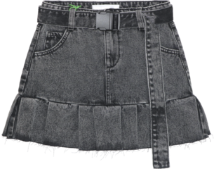 Black denim skirt with belt and ruffle hem isolated on transparent background