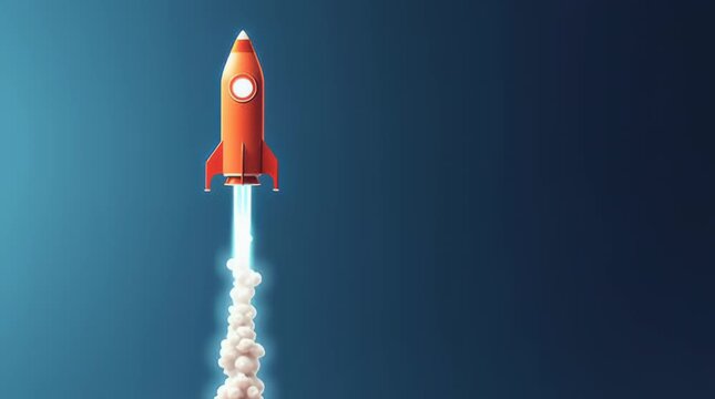 A rocket blasts off into space, leaving a trail of smoke and vapor. The rocket is a vibrant shade of orange, stands out against the dark blue backdrop
