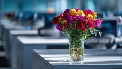 Colorful bouquet of roses in a glass vase on an office desk. Concept Colorful Roses, Glass Vase, Office Desk Decor, Bright Interior, Fresh Floral Arrangement