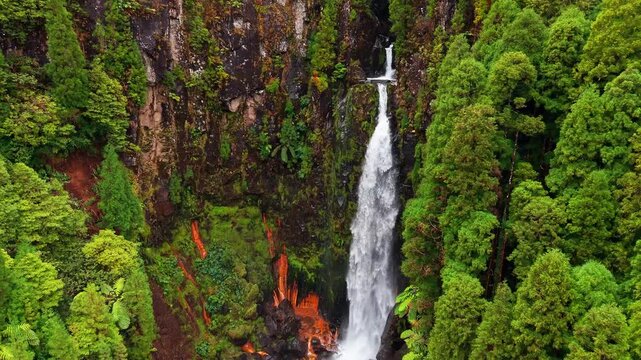 Aerial view of Cascata das Lombadas waterfall, Sao Miguel, Azores