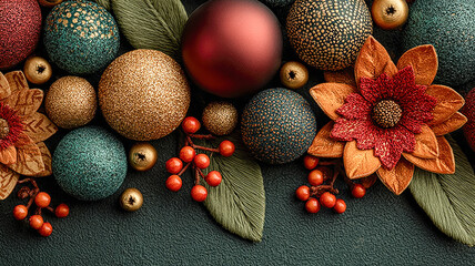 Un vibrante arreglo navide&ntilde;o con adornos texturizados, frutos rojos y flores de Pascua con detalles en verde azulado y dorado. Perfecto para decoraci&oacute;n navide&ntilde;a