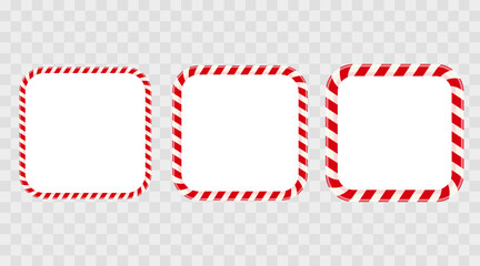 Set of rectangular candy cane frames with seamless Christmas stripes. Festive red and white borders perfect for holiday cards, invitations, banners, and winter-themed designs.
