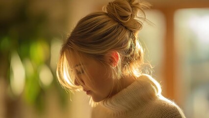 A woman with blonde hair in a messy bun wearing a cream knit sweater, bathed in warm sunlight. Concept Golden Hour Portraits, Blonde Hair, Cream Knit Sweater, Messy Bun, Warm Sunlight