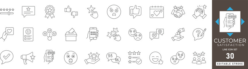 customer satisfaction line icon set featuring feedback rating, service, review, star, quality, survey, opinion, and user experience vector symbols