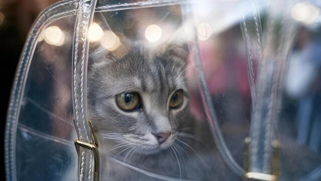 A gray cat peering out from a transparent plastic pet carrier. Concept Gray cat peering from a transparent carrier, Transparent plastic pet carrier, Indoor pet photography, Curious feline portrait