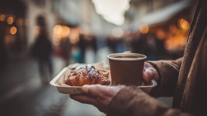 Hands holding a tray with a croissant and a cup of coffee on a bustling, blurred city street market. Concept Busy street market, Croissant and coffee, Hands in frame, City bokeh background