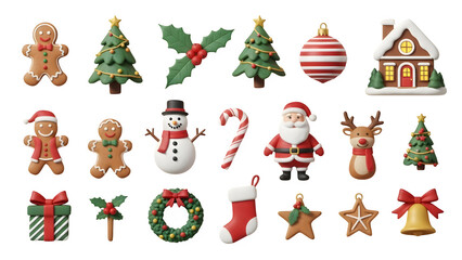 Fototapeta premium Festive collection of charming christmas ornaments and decorations with traditional holiday symbols isolated on transparent background
