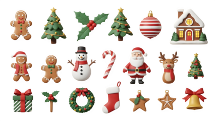 Festive collection of charming christmas ornaments and decorations with traditional holiday symbols isolated on transparent background