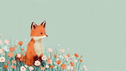 Obraz premium An orange fox sits among pastel pink and peach flowers in a soft green field. Concept Orange Fox Portrait, Pastel Pink & Peach Flowers, Soft Green Meadow, Wildlife in Bloom, Serene Nature Scene