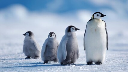 Emperor penguins with fluffy chicks standing on the snowy Antarctic ice. Concept Emperor Penguins, Fluffy Chicks, Antarctic Snow and Ice, Family Bond in the Cold, Wildlife Photography