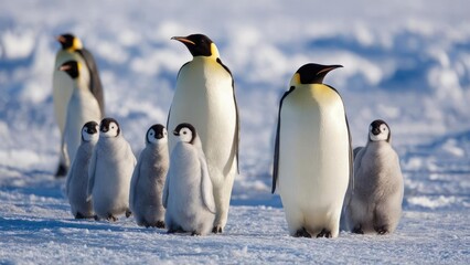 Emperor penguins with chicks on a snowy Antarctic ice field. Concept Emperor penguins and chicks, Antarctic ice field, snowy landscape, wildlife photography, cold climate