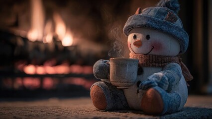 A cozy fabric snowman plushie wearing a denim hat and scarf sits by a crackling fireplace, holding a steaming mug. Concept Cozy Winter Decor, Snowman Plushie, Denim Hat & Scarf, Fireplace Ambiance