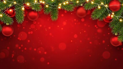 Festive christmas fir branches with red baubles and warm lights on red background