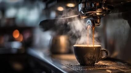 Two streams of espresso flow into a mug from a portafilter as steam rises in a cafe. Concept Espresso Pour, Portafilter Action, Café Steam, Barista Craft, Double Shot Coffee