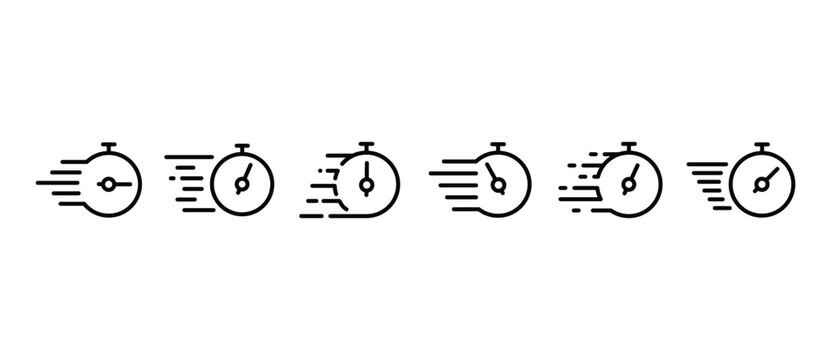 Stopwatch vector and Timers icon set with motion lines indicating speed and agility, fast time icon, countdown timer vector illustration isolated on transparent background. Editable strokes.