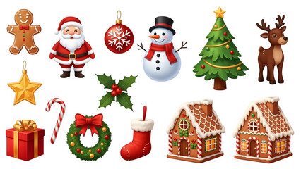 Charming collection of festive christmas decorations including santa claus gingerbread man and a cozy winter house isolated on transparent background