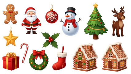 Charming collection of festive christmas decorations including santa claus gingerbread man and a cozy winter house isolated on transparent background