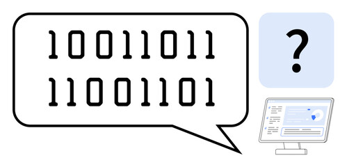 Data encryption, cybersecurity, coding education, problem-solving, machine learning, binary analysis. Binary code in a speech bubble, computer with security display question mark box. Data