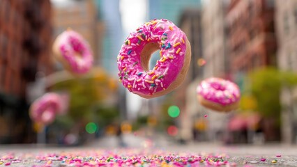 Pink frosted donuts with rainbow sprinkles floating above a city street. Concept Floating pink donuts over a city street, Surreal urban dessert photography, Rainbow sprinkles and pink frosting