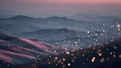 Rolling hills at sunset with a pink-purple sky and countless tiny glowing bokeh lights scattered across the landscape. Concept Sunset Rolling Hills, Pink-Purple Sky