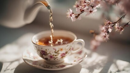 Tea is being poured into a delicate floral teacup on a matching saucer, with pink blossoms nearby. Concept Delicate floral teacup and matching saucer, Pink blossoms and pastel tea setting