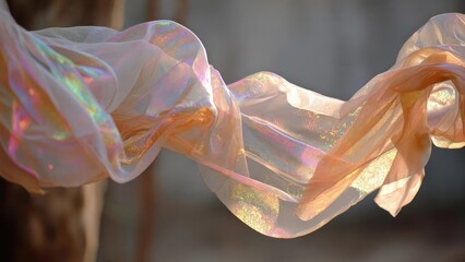 Peach-pink iridescent scarf billowing in the wind, shimmering with holographic colors. Concept Iridescent peach-pink scarf, Scarf billowing in wind, Holographic color shimmer