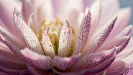 Close-up of a delicate pink dahlia flower with water droplets on its petals.