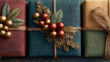 cajas de regalo envueltas con tela rustica de colores y adornos navide&ntilde;os