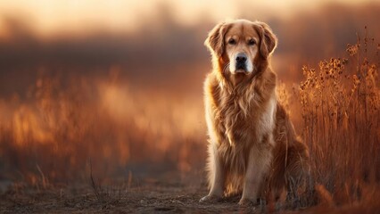 A golden retriever sits in a sunlit field of tall, golden grasses at sunset. Concept Golden retriever, Sunset field, Golden hour photography, Outdoor pet portrait, Tall grass landscape