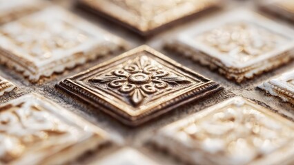 Decorative embossed metal tiles with intricate floral patterns, arranged in a grid. Concept Embossed metal tiles, Floral pattern tiles, Grid layout design, Intricate metalwork