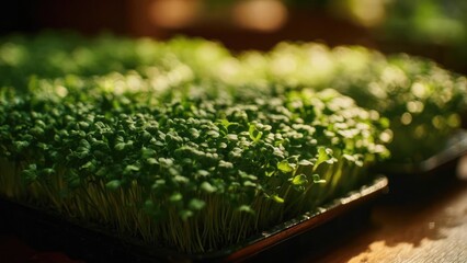 A tray of microgreens growing&mdash;tiny green sprouts with small rounded leaves and pale stems. Concept Microgreens Tray, Tiny Sprouts, Fresh Greens, Home Kitchen Garden, Edible Microgreens