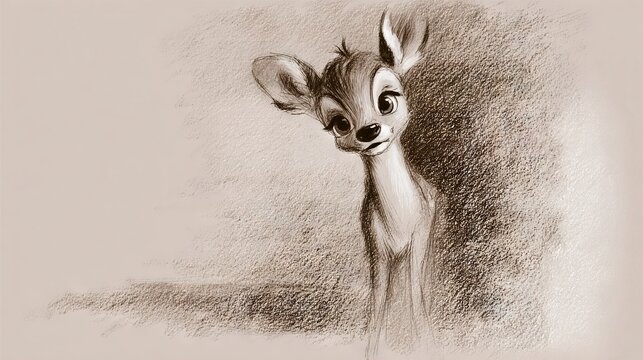   Pencil drawing of a deer with a surprised look and camera gaze