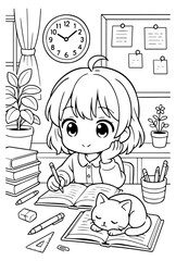 Kawaii Chibi Girl Coloring Page, Cute Line Art Illustration, Simple Line Art, vector illustration