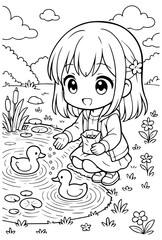 Kawaii Chibi Girl Coloring Page, Cute Line Art Illustration, Simple Line Art, vector illustration