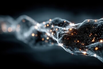 Futuristic digital wire with flowing binary code and glowing nodes intertwined in blue darkness