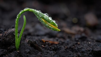 A small green seedling with dew drops on its curved stem and leaves emerging from dark, damp soil. Concept Dew-kissed seedling close-up, Emerging green leaves, Curved stem detail