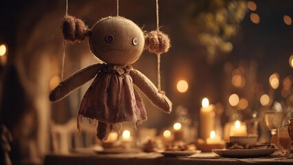 Rag doll suspended by strings above a candlelit dinner table, warm glow and soft bokeh lights in the background. Concept Rag Doll Suspended, Candlelit Dinner Scene, Warm Ambient Glow
