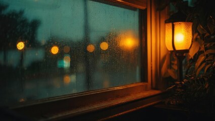 Rainy window with droplets, a warm amber lantern glow, and soft bokeh of city lights outside. Concept Rainy window droplets, Warm amber lantern glow, Soft city lights bokeh, Moody cozy ambience