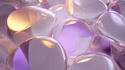 Glossy translucent glass spheres clustered together, reflecting purple and gold light. Concept Glass spheres cluster, Translucent orbs, Purple and gold reflections, Glossy surfaces