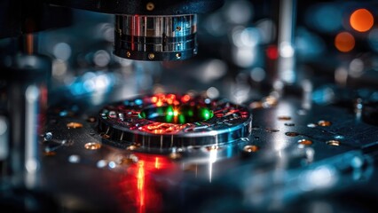 Close-up of a photonics lab setup: a laser focuses on a circular micro-ring resonator on a metallic stage, glowing red and green. Concept Photonics lab, Circular micro-ring resonator, Laser focus