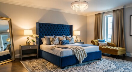 Luxurious Master Bedroom with Elegant Blue Bed and Gold Accents