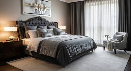 Elegant Bedroom Interior with Gray Tones and Soft Natural Light