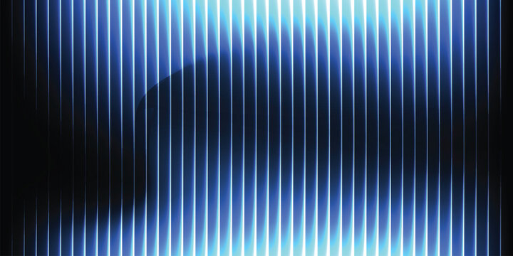 Neon ripple glass gradient in blue & violet on dark black background | ribbed distorted light waves futuristic glow texture vector