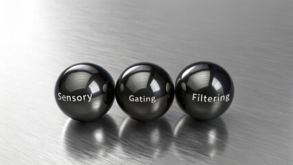Three Shiny Black Spheres Representing Sensory Gating and Filtering