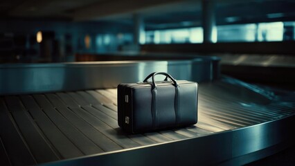 A black hard-shell suitcase sits on an empty baggage carousel at an airport. Concept Airport luggage, Baggage carousel, Black suitcase, Travel scene, Empty terminal