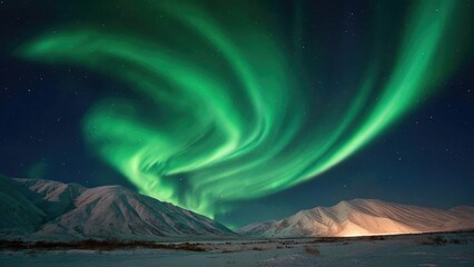 Northern lights swirl green over snow-covered mountains under a starry night sky. Concept Aurora Borealis, Snowy Mountain Landscape, Starry Night Sky, Green Lights, Night Photography