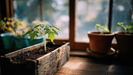 Fototapeta premium A small seedling grows in a wooden planter on a sunlit windowsill, with blurred potted plants in the background. Concept Indoor gardening, Sunlit windowsill, Seedling photography