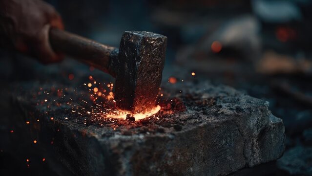 Blacksmith hammering glowing hot metal on an anvil, sparks flying around. Concept Blacksmithing, Ironworking, Sparks and Fire, Anvil Work, Metalwork - Powered by Adobe