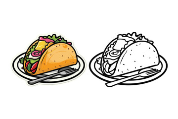 Colorful and outline tacos on plates with forks